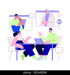 Illustrazione vettoriale di un team impegnato in una riunione online. Due persone conversano a una scrivania con un notebook mentre due colleghi appaiono sugli schermi, partecipando a una discussione virtuale. Illustrazione Vettoriale