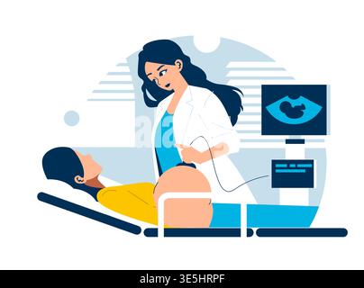 Medico che esegue una scansione ecografica su una paziente in gravidanza. Il paziente è comodamente sdraiato poiché il medico utilizza un dispositivo a ultrasuoni per controllare la salute del feto. Il monitor digitale visualizza l'immagine fetale. Illustrazione Vettoriale