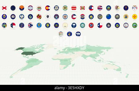 Collezione di bandiere rotonde dello Stato degli Stati Uniti con gli Stati Uniti evidenziata su una Mappa del mondo. Flag vettoriale impostato. Illustrazione Vettoriale