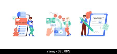 Illustrazione vettoriale che raffigura tre scene: Una persona che controlla le transazioni finanziarie, un pagamento mobile e la firma del contratto. Evidenzia aspetti della finanza digitale e della documentazione. Illustrazione Vettoriale