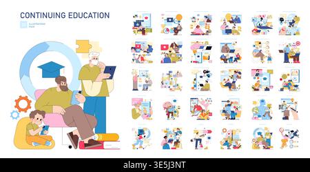Serie di illustrazioni vettoriali che illustrano vari concetti di formazione continua. Le immagini includono adulti e bambini impegnati in attività di apprendimento digitale, sottolineando l'educazione permanente e lo sviluppo delle competenze. Illustrazione Vettoriale