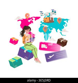 Illustrazione vettoriale di una donna che utilizza un tablet digitale per gestire la logistica globale delle spedizioni. Scena vivace con mappe, droni e icone della confezione che illustrano la consegna internazionale. Illustrazione Vettoriale