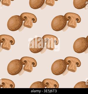 Motivo senza cuciture vettoriale di funghi champignon marrone. portobello disegnato a mano su sfondo beige. Verdure agricole biologiche per design ristorante. Stampa naturale per prodotti tessili per la cucina e imballaggi. Illustrazione Vettoriale