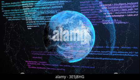 Globo terrestre digitale luminoso che ruota nel cyberspazio, mostrando pannelli di codice fluttuanti, rete mesh Foto Stock