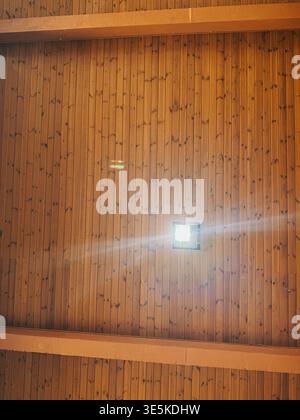 Riga, Lettonia - 31 marzo 2026: Caldo soffitto in legno con illuminazione centrale e fasci visibili, catturato dal basso. Pulire le linee geometriche e la natura Foto Stock