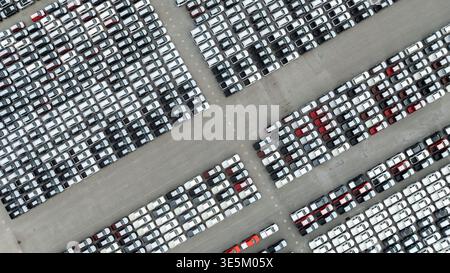 La vista con droni ad angolo alto mostra file di veicoli di nuova produzione in un magazzino automobilistico. Migliaia di auto aspettano il trasporto e la consegna. Foto Stock