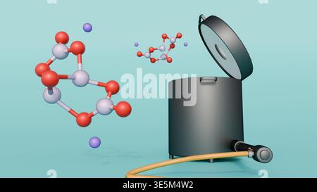 Un rendering 3D mostra le molecole di borace che si sollevano da un forno aperto. Ciò evidenzia il processo di riscaldamento chimico utilizzato nella fusione o nella fabbricazione del vetro. Foto Stock