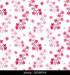 Motivo ad acquerello senza cuciture con rami in fiore di ciliegio disegnati a mano. Delicati fiori e gemme sakura rosa in un romantico design floreale primaverile Foto Stock