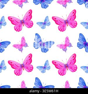 Acquerello senza cuciture con farfalle rosa e blu disegnate a mano. Delicati insetti primaverili in uno stile romantico e stravagante. Perfetto per l'estate Foto Stock