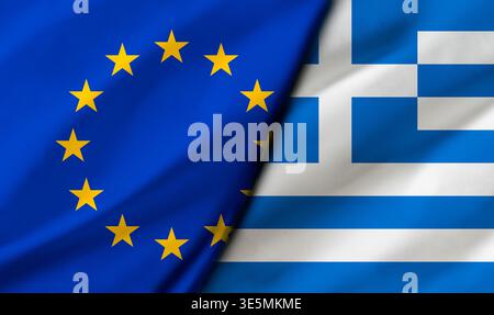 Primo piano delle bandiere dell'Unione europea e della Grecia che si mescolano diagonalmente, la consistenza del tessuto visibile, simboleggiando l'unità, la cooperazione e le relazioni politiche. Foto Stock