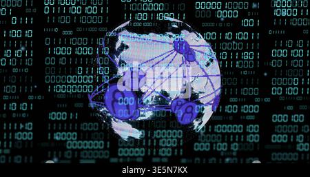 Visualizzazione del globo stilizzato che ruota in un ambiente cyber virtuale, con icone di nodi e flussi binari Foto Stock