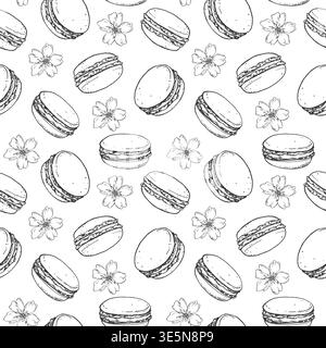 Motivo senza cuciture con macaron e fiori di mandorla. Sfondo vettoriale disegnato a mano. Illustrazione Vettoriale