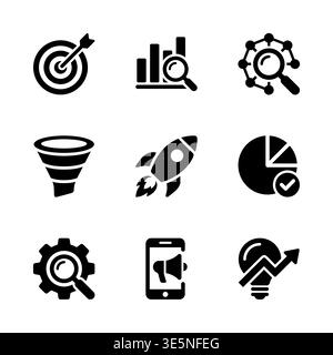 Set di icone SEO e vettoriali di marketing piene di nero Illustrazione Vettoriale