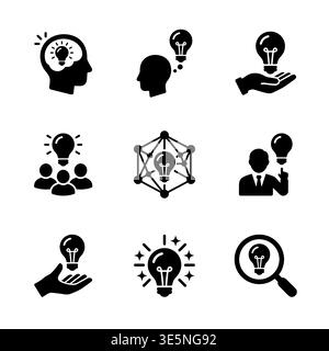 Icone idea e pensiero creativo in stile silhouette nero Illustrazione Vettoriale