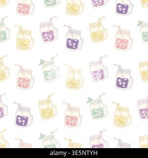 Drink estivo fresco Lemonade in Mason Jars Seamless Pattern. Cocktail rinfrescante in cubetti di ghiaccio, bacche, frutta, menta e paglia su sfondo bianco. Minimi Illustrazione Vettoriale