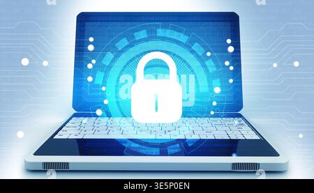 Concetto di sicurezza informatica. Laptop con lucchetto su sfondo high-tech. illustrazione 3d. Foto Stock