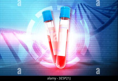 Sangue nella provetta di prova su base scientifica. illustrazione 3d. Foto Stock