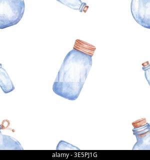 Motivo ad acquerello senza cuciture con vasetti in vetro blu vintage e bottiglie con coperchi, ideale per tessuti da cucina rustici, marchi di farmacia e disegni di carta da parati dal design estetico marino. Sfondo bianco Foto Stock