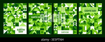 Poster della giornata della Terra con motivo geometrico verde. L'ambiente, l'ecologia, il pianeta ecologico e la natura astraggono gli sfondi vettoriali moderni con un mosaico di forme geometriche minimali per i manifesti della giornata della Terra Illustrazione Vettoriale