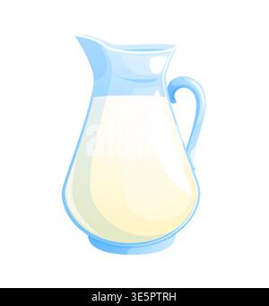 Caraffa cartoni animati con bevanda a base di farina d'avena. Contenitore vettoriale in vetro con manico e beccuccio riempito con latte cremoso o bevanda d'avena. Cibo da cucina, oggetto isolato, colazione, bevanda nutrizionale sana Illustrazione Vettoriale