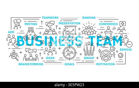 Icone delle linee di team aziendali, segni vettoriali del lavoro di squadra, riunioni e presentazioni, brainstorming o comunicazione. Classificazione, obiettivi, motivazione e conferenze con simboli lineari di collaborazione di gruppo Illustrazione Vettoriale