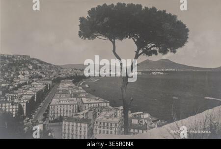 Scansionata da una cartolina d'epoca che mostra una vista panoramica di Napoli (Napoli), Italia, con il Vesuvio e il Golfo di Napoli. Wea visibile correlata all'età Foto Stock