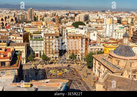 Vista aerea della città di Valencia con Plaza de la Virgen in primo piano. Foto Stock