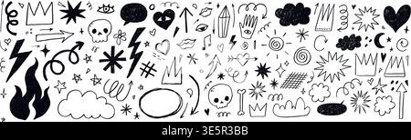 Adesivi e icone per tatuaggi punk disegnati da payon. Collezione di fiamme, fulmini, forme di stelle e scarabocchi rock'n'roll. Elementi di matita grafica vettoriale. Collezione di adesivi punk y2k per collage Illustrazione Vettoriale