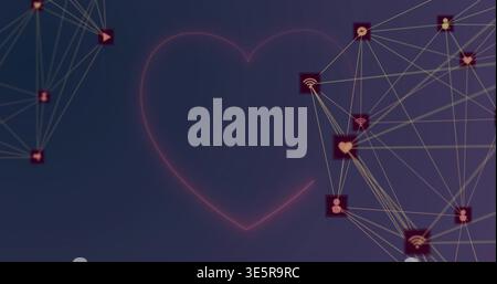 Il contorno del cuore al neon pulsante si illumina nell'interfaccia utente digitale, collegando linee dorate, nodi rossi con l'iconografia Foto Stock