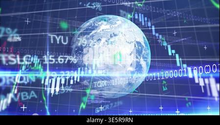 Visualizzazione della rotazione del globo terrestre renderizzato nel dashboard di trading, con candelabri, ticker TSLA Foto Stock