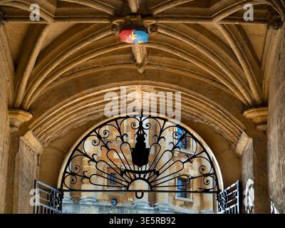L'intima porta d'ingresso tra due dei monumenti storici più importanti di Oxford: La Bodleian Library e Radcliffe Square. La Bodleian Library, la principale biblioteca di ricerca dell'Università di Oxford, è una delle più antiche biblioteche d'Europa. Con oltre 12 milioni di oggetti, è la seconda biblioteca più grande in Gran Bretagna dopo la British Library. Radcliffe Square, con la famosa Radcliffe camera al centro, è fiancheggiata da All Souls e Brasenose Colleges, nonché dalla chiesa di Santa Maria. Foto Stock