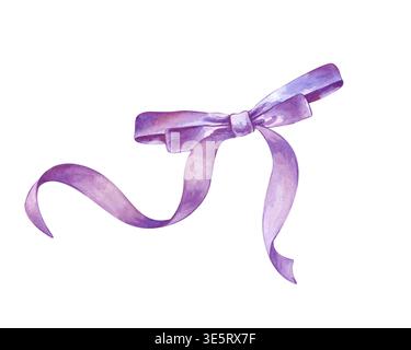 Immagine ad acquerello dipinta a mano di un delicato nastro viola legato a un fiocco. Elegante finitura satinata con estremità fluide. Elemento isolato per Pasqua Foto Stock
