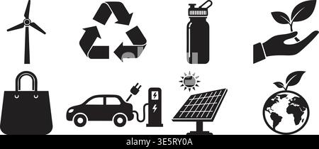 Collezione completa di icone ecologiche nere con pannelli solari a energia rinnovabile turbine eoliche auto elettriche e simboli di riciclaggio e reusabl Illustrazione Vettoriale