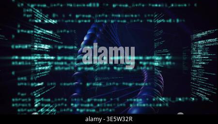 Elica DNA centrale rotante che si illumina in una griglia virtuale scura, streaming di flussi di codice ottanio e pannelli Foto Stock