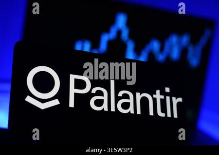 Logo Palantir Technologies Company visualizzato sullo schermo digitale con grafico delle prestazioni finanziarie sullo sfondo Foto Stock