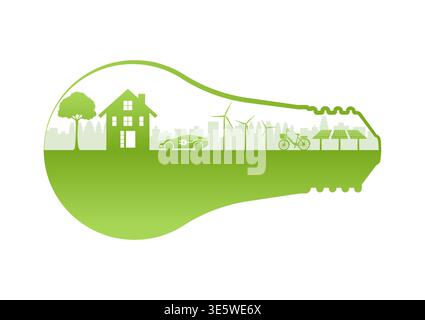 Lampadina verde City in Light. Risparmio di elettricità ed energia. Energia verde o energia rinnovabile. Concetto ecologico. Illustrazione Vettoriale