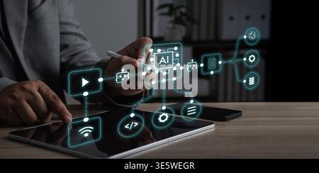 Flusso di lavoro di automazione DELL'INTELLIGENZA artificiale per la tecnologia aziendale con intelligenza artificiale, elaborazione dei dati, sistemi cloud, integrazione software, trasformazione digitale Foto Stock