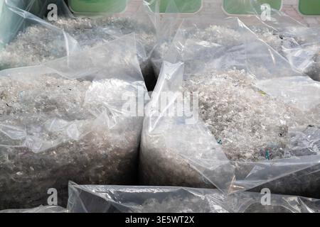 Primo piano di fiocchi di plastica riciclati conservati in sacchetti trasparenti presso un impianto di riciclaggio. Concetto di trattamento dei rifiuti di plastica Foto Stock