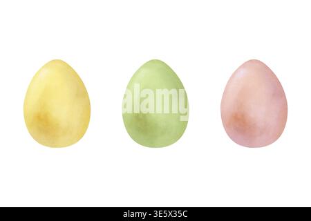 Un set di uova di Pasqua in giallo, rosa e verde. Illustrazione ad acquerello dipinta a mano in calde tonalità primaverili. Perfetto per imballaggi e biglietti d'auguri Foto Stock