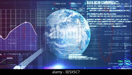 Visualizzazione del globo terrestre fotorealistico che ruota sulla dashboard dati, con griglia, grafico a linee, ticker Foto Stock