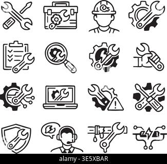 Set di icone della linea professionale tecnologia di manutenzione della riparazione creatività strumenti di assistenza aziendale apparecchiature elementi di progettazione web digitale Illustrazione Vettoriale