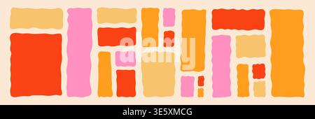 Set di cornici ed etichette ondulate astratte colorate su sfondo bianco. Moderna collezione di forme organiche per banner, tag, adesivi, post sui social media, poster ed elementi di web design. Illustrazione Vettoriale