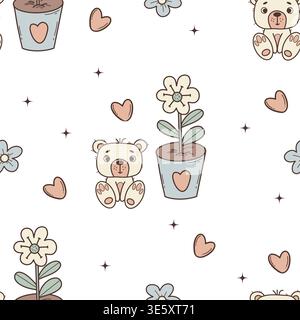 Carino orso e vaso di fiori motivo senza cuciture. Orsacchiotto bianco con margherita in vaso Ripeti sfondo bianco. Illustrazione vettoriale pastello disegnata a mano. Bambini Illustrazione Vettoriale