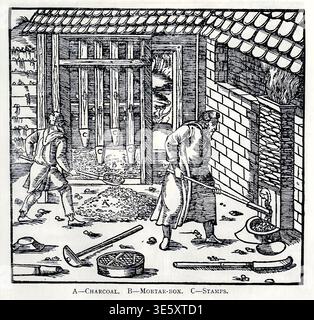 Dettagliata illustrazione storica con incisioni in legno raffiguranti i lavoratori che lavorano minerali con francobolli e forni in un'officina medievale di lavorazione dei metalli, che mostra le prime tecniche e gli utensili industriali. Da Georgius agricola De Re metallica tradotta dalla prima edizione latina del 1556 da agricola, Georg, 1494-1555; incisione di Basilius Weffring Foto Stock