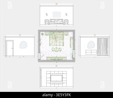 Piano camera dettagliato e design con elevazione Illustrazione Vettoriale