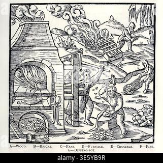 scena di fonderia del xvi secolo che mostra minatori e artigiani che gestiscono una fornace per estrarre metallo dal minerale, in stile xilografo. Da Georgius agricola De Re metallica tradotta dalla prima edizione latina del 1556 da agricola, Georg, 1494-1555; incisione di Basilius Weffring Foto Stock