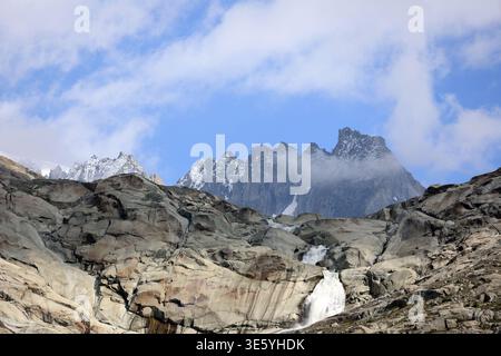 La sorgente del fiume Rodano nel Canton Vallese, Svizzera Foto Stock