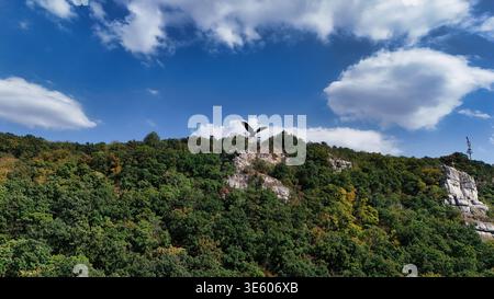 Vista dal drone della statua di Turul gigante sulla scogliera della collina di pietra a Tatabánya in Ungheria Foto Stock