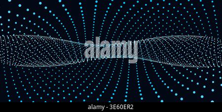 Onde concentriche di particelle di luce ciano che creano un tunnel digitale dinamico in un rendering 3D. Foto Stock