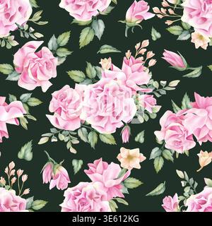 Motivo floreale ad acquerello senza cuciture su sfondo verde scuro. Rosa rosa delicati fiori e freesia in tonalità pastello. Illustrazione della molla botanica Foto Stock